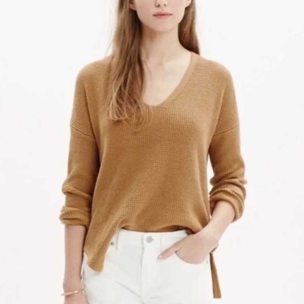 Madewell Oceanside Light Waffle Knit V-neck Pullover Sweater Camel Brown S